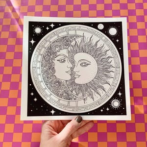 Celestial Moon and Sun hand drawn illustration 21 x 21 cm, art print, printed on 312gsm fine art paper image 1
