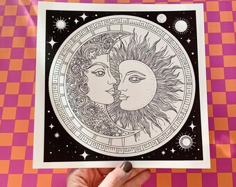 Celestial Moon and Sun hand drawn Illustration 21x21 cm,  art print, printed on 312gsm Fine Art paper