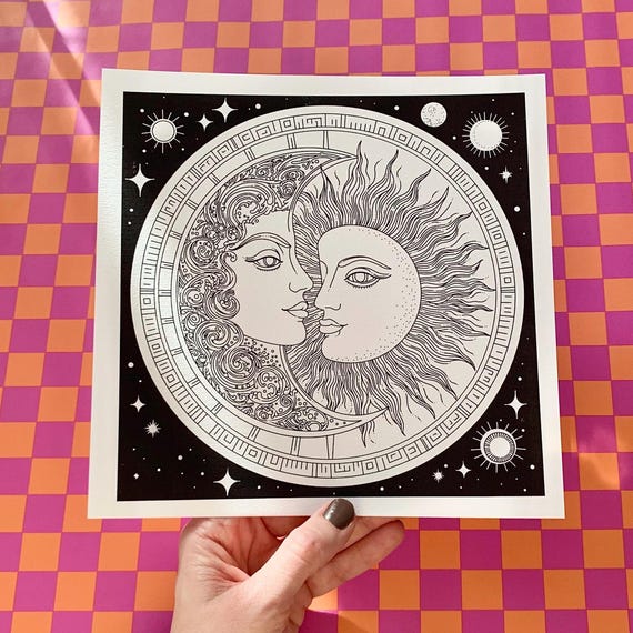Celestial Moon and Sun hand drawn Illustration 21x21 cm,  art print, printed on 312gsm Fine Art paper