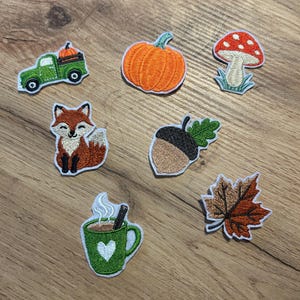 Könnte beinhalten: Eine Sammlung von sieben bestickten Aufnähern mit herbstlichen Motiven: ein grüner Lastwagen mit Kürbis, ein orangefarbener Kürbis, ein rot-weißer Pilz, ein Fuchs, eine Eichel mit grünem Blatt, ein braunes Ahornblatt und eine grüne Tasse mit einem Herz.