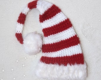 Red and White Long Tail Santa Hat, Stripey Christmas Hat, Luxury Santa hat, Knitted Santa Hat, Long Tailed Christmas Hat