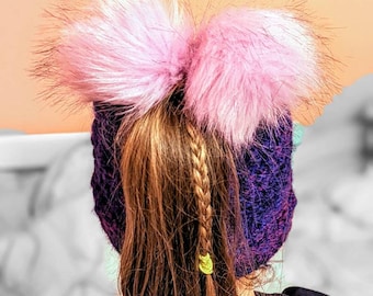 Ponytail Hat, Messy Bun Hat, Double Pom Beanie, Purple Hat, Winter Hat