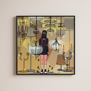 May include: Illustration of a person in a black outfit and balaclava standing among various chandeliers and lamps. The artwork features a gold and brown color scheme with scattered dollar bills on the floor.