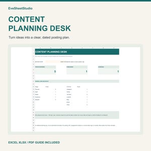 May include: A digital content planning desk spreadsheet template by EveSheetStudio. The interface features a dark green header, a workflow snapshot table, and metrics for posts entered, published, and overdue. Includes an Excel XLSX and PDF guide.