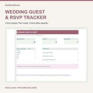 Könnte beinhalten: Eine digitale Hochzeitsgast- und RSVP-Tracker-Tabelle von EveSheetStudio. Die Benutzeroberfläche enthält Abschnitte für erfasste, akzeptierte und ausstehende Gäste sowie Tabellen für Mahlzeiten und Sitzplatzprüfungen. Inklusive Excel XLSX und PDF-Anleitung.