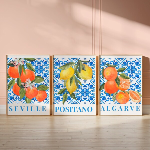 Fruitful Beauty: Set of 3 Digital Art Prints, Lemon, Orange, and Peach, Aesthetic Room Decor