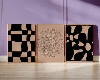 Zeitgenössische Neutrale: 3er Set Moderne Abstrakte Digitale Kunstdrucke, Schwarz & Beige Wandkunst