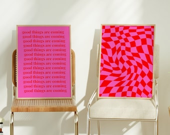 Positive Vibes Checkered: Impression numérique esthétique moderne rose et rouge - Art mural inspirant de l’an 2000 Art imprimable