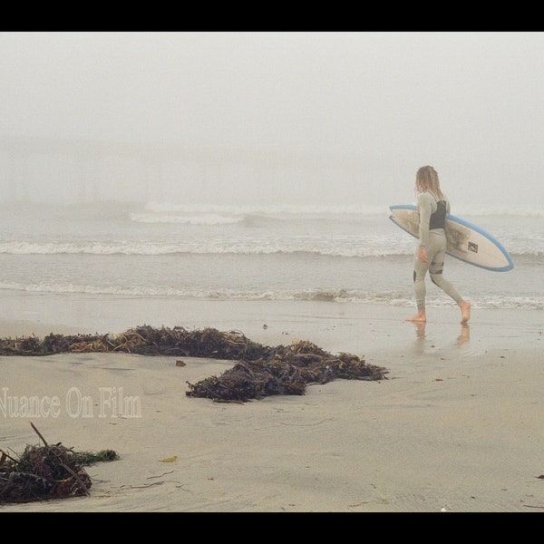 Surfer Cloudy Beach Pier Grey San Diego California Ocean Beach 35 mm Film Gloomy Art Photography Photo