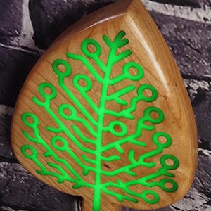 Cherry Leaf Circuit Board Art –  LED Backlit Green Epoxy Inlay, CNC Technology Art