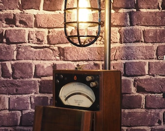 Steampunk Iron Pipe Table Lamp with Vintage Roller-Smith Electrical Meter and Industrial Light Fixture