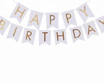 Happy Birthday Banner Party Festival Decorations White Gold Hanging Garland Party Decor