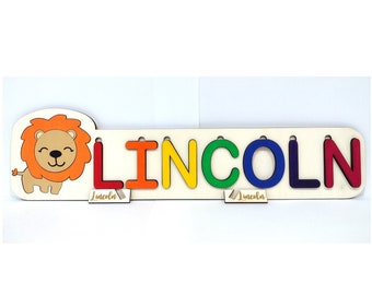 Personalised Wooden Name Puzzle Lion Africa Theme Birthday Christening Gift Baby Boy Girl Present Baby shower Handmade Hand-painted Cute