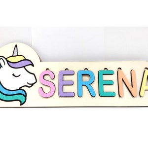 Unicorn Name Puzzle Girl Baby Pastel Rainbow Colours Gift Present Baby Shower Birthday Christmas Christening Wooden Hand painted Cute