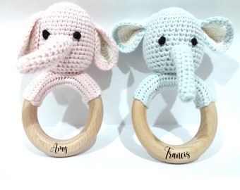 Handmade Elephant Teether-Rattle (Name or Name + Date Of Birth) Personalised Baby Shower 1st birthday Christening Christmas Easter Cute Toy