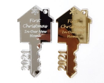 First Christmas in our new home 2021 2022 2023 Key Ornament Tree Decoration Covid house Rose Gold Silver Mirror Wood Fancy personalised