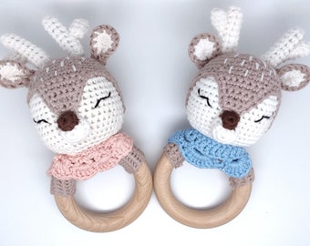 Handmade Reindeer - Deer Teether - Rattle Customised Gift Personalised Baby Shower 1st birthday Christening Christmas Easter Cute Toy