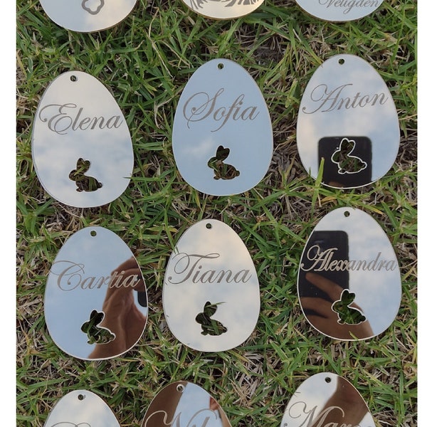 Easter Egg Ornaments Tags Fancy Personalised Customised Kids Boy Girl Bunny Jesus Orthodox Cross Gold Rose Gold Silver Mirror Acrylic Wood