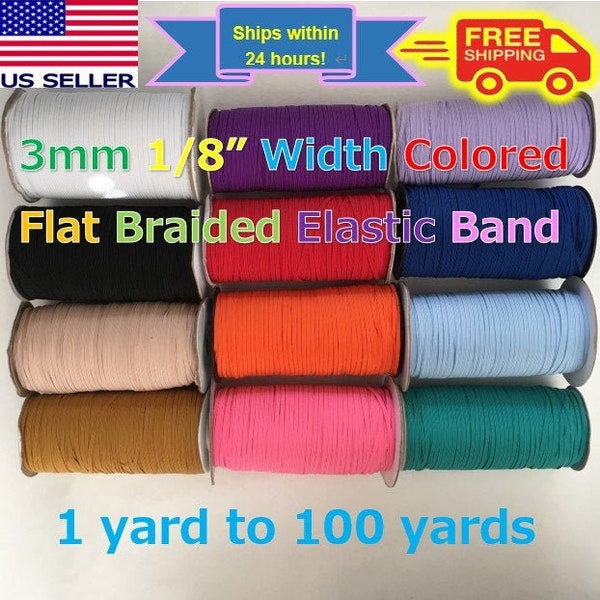 3mm, 1/8 Inch Colored Braided Flat Elastic Band Cord for DIY Face Masks