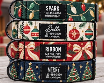Personalized Christmas Nylon Dog Collar with Black Name Label, Holiday Prints, No Jingle