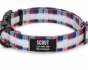 Reflective Personalized Dog Collar, No-Jingle Black Name Label, Red & Navy Plaid