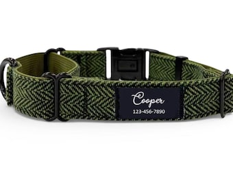 Custom Green Herringbone Martingale Dog Collar, Personalized Fabric Label Name ID, No Slip