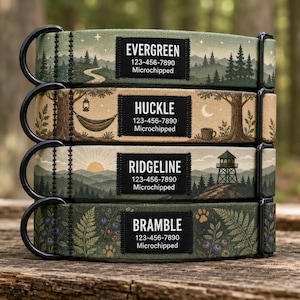 Può includere: Quattro collari per animali impilati con illustrazioni di foreste, montagne e piante. Ogni collare ha una toppa rettangolare nera con testo bianco che mostra nomi come EVERGREEN, HUCKLE, RIDGELINE, BRAMBLE, un numero di telefono e Microchipped.