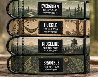 Personalized Camping Dog Collar, Custom Forest Outdoor Design, Black Label Name ID Tag