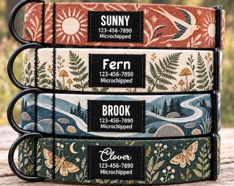 Personalized Outdoor Dog Collar, Forest River & Botanical Design, Black Name ID Tag
