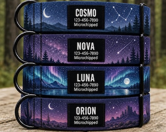 Personalized Night Sky Dog Collar, Custom Celestial Design, Black Label Name ID Tag