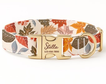 Personalized Dog Collar: Autumn Maple Leaves, Custom Engraved Name