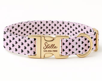Personalized Dog Collar: Handmade Pink Heart Print, Custom Engraved Metal Buckle