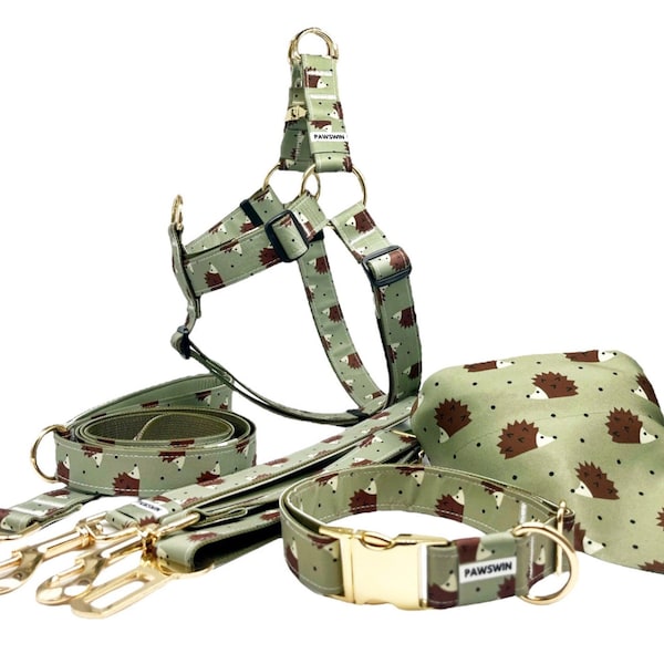 Personalized Dog Collar Leash Harness Bandana Seatbelt Combo - Custom Engraved ID, Handmade, For Small to Large Dogs - Green Hedgehog