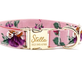 Personalized Floral Dog Collar: Custom Engraved Name, Metal Buckle