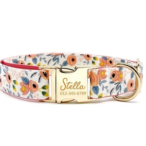 Personalized Floral Dog Collar: Custom Engraved Name, Metal Buckle