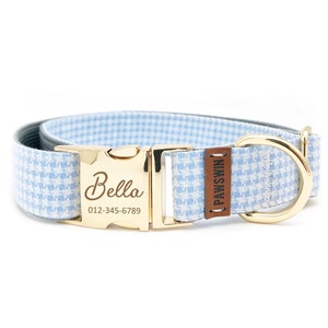 Personalized Dog Collar - Custom Name, Metal Hardware, Handmade, Collar for Small to Large Dogs, Gift for Dogs - Light Blue Plaid