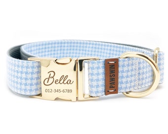 Personalized Dog Collar - Custom Name, Metal Hardware, Handmade, Collar for Small to Large Dogs, Gift for Dogs - Light Blue Plaid