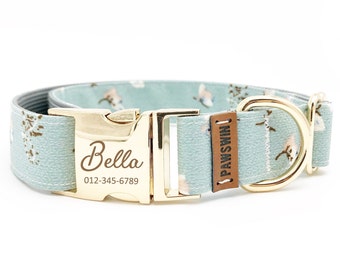 Personalized Floral Dog Collar: Custom Engraved Name, Metal Buckle, Handmade