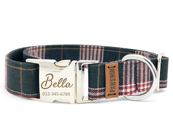 Collar de perro a cuadros personalizado: hebilla de metal grabada a medida