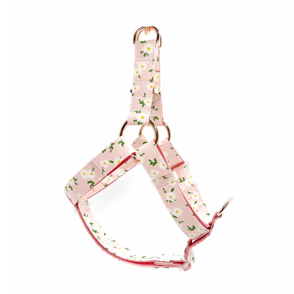 Pink Daisy Custom Dog Harness, Adjustable Neck Harness for Small, Medium, Large Dogs, Metal Buckle, Personalized Engraved Dog Harness