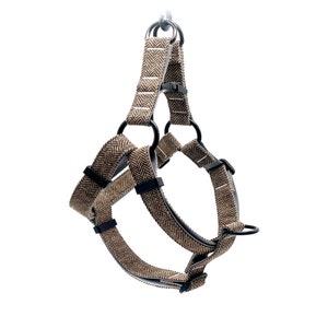 Handmade Brown Dog Harness: Adjustable, Engraved Metal Buckle