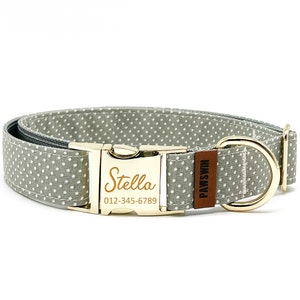 Personalized Dog Collar - Custom Name, Metal Hardware, Handmade, Collar for Small to Large Dogs, Gift for Dogs - Gray Green Dot