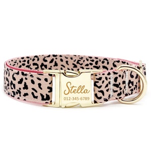 Personalized Dog Collar - Custom Name, Metal Hardware, Handmade, Collar for Small to Large Dogs, Gift for Dogs - Blush Leopard