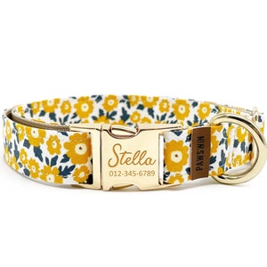 Personalized Dog Collar - Custom Name, Metal Hardware, Handmade, Collar for Small to Large Dogs, Gift for Dogs - Yellow Daisy