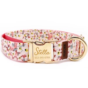 Personalized Dog Collar - Custom Name, Metal Hardware, Handmade, Collar for Small to Large Dogs, Gift for Dogs - Pink Flower