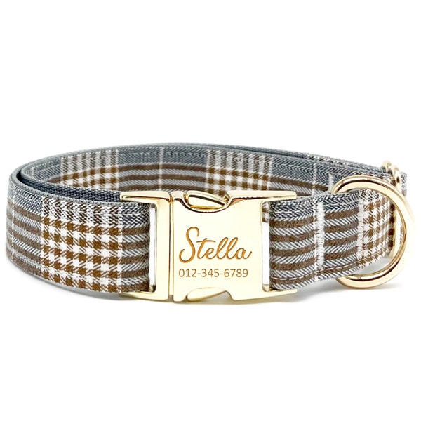 Personalized Dog Collar - Custom Name, Metal Hardware, Handmade, Collar for Small to Large Dogs, Gift for Dogs - Gray Plaid