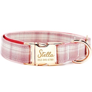 Personalized Dog Collar - Custom Name, Metal Hardware, Handmade, Collar for Small to Large Dogs, Gift for Dogs - Pink Grid