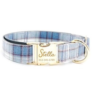 Personalisiertes Blaues Karo-Hundehalsband: Individuell eingravierte Name, Metallschnalle, handgemacht