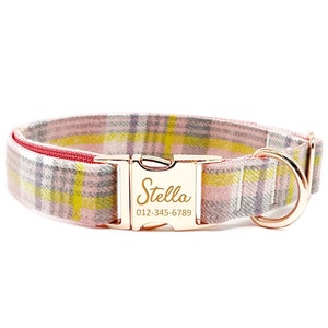 Personalized Pink Plaid Dog Collar: Custom Engraved Metal Buckle