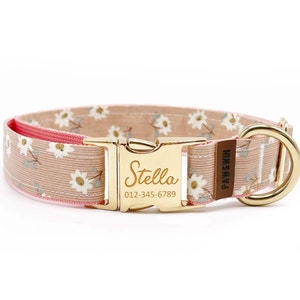 Coleira personalizada para cães - Nome personalizado, ferragens de metal, feita à mão, coleira para cães de pequeno a grande porte, presente para cães - flor rosa